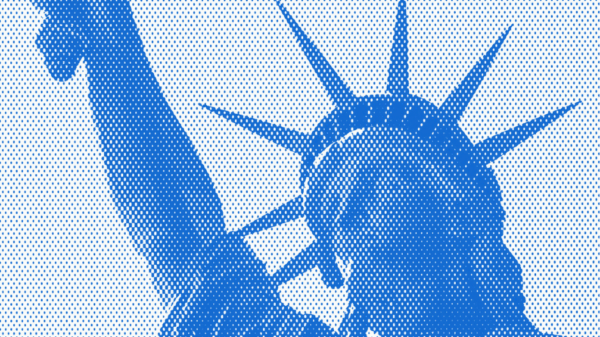 Blue textured image of Lady Liberty