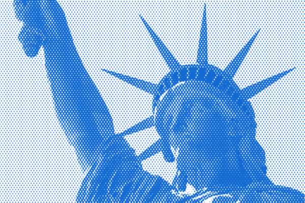 Blue textured image of Lady Liberty