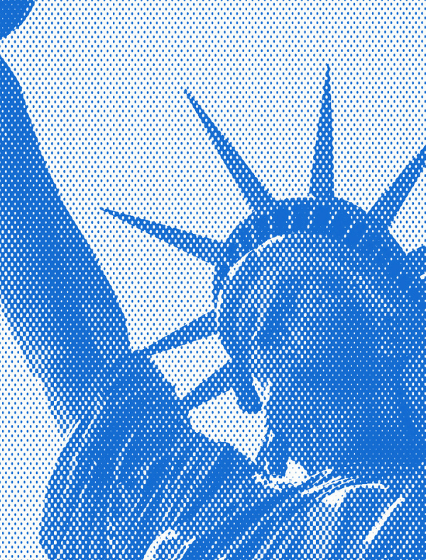 Blue textured image of Lady Liberty