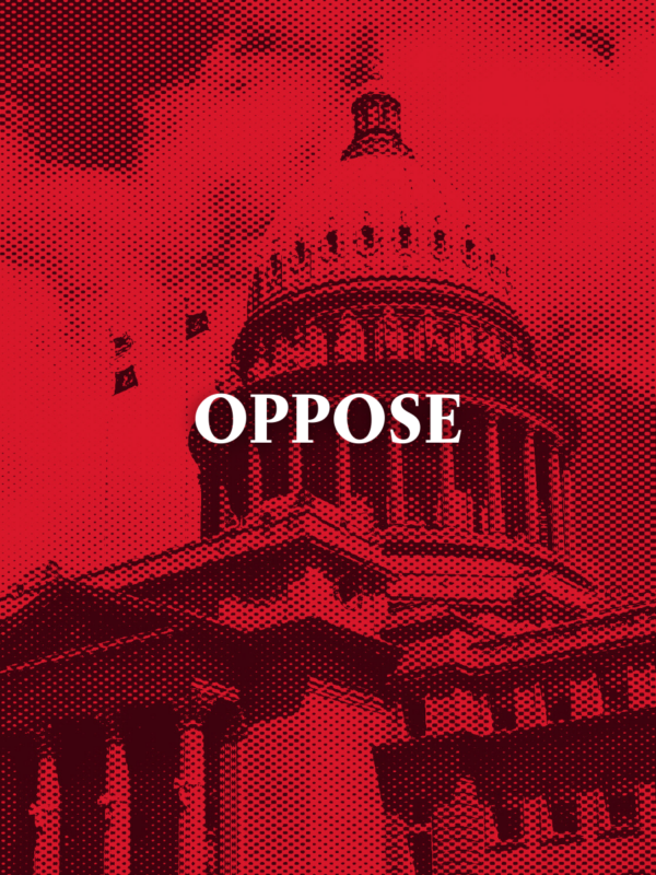 Red image of the Idaho capitol with text "oppose"