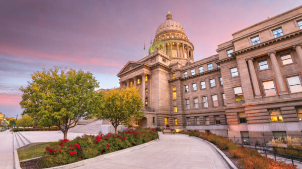View of the Idaho Capitol on the right side looking up with blooming flowers and a pink sky