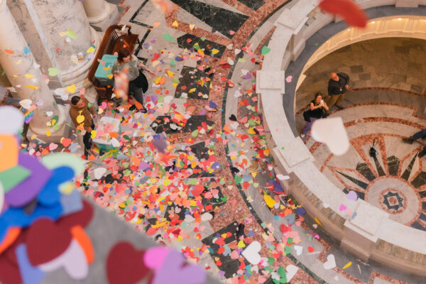 Rainbow hearts are scattered throughout the Idaho Capitol rotunda