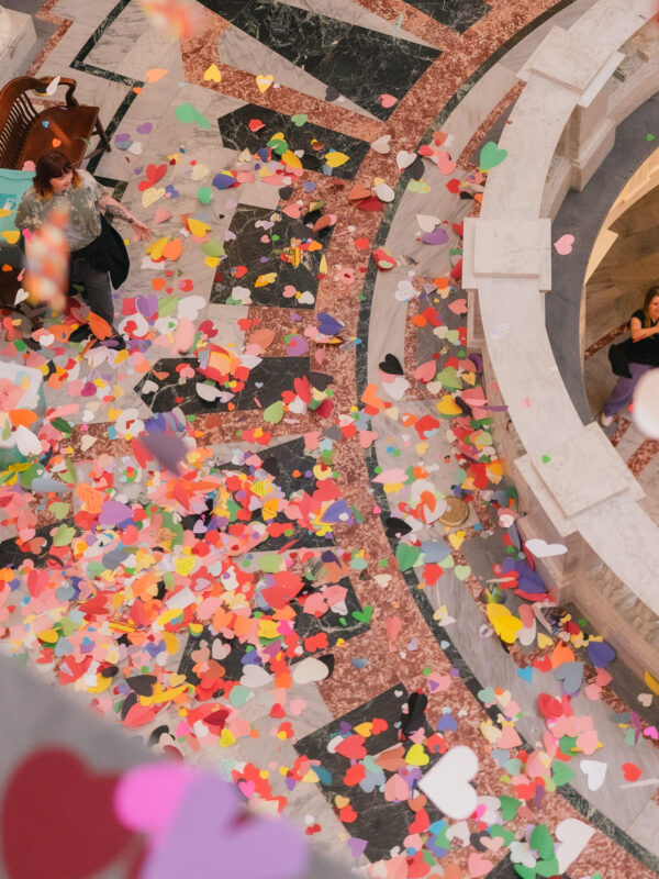Rainbow hearts are scattered throughout the Idaho Capitol rotunda