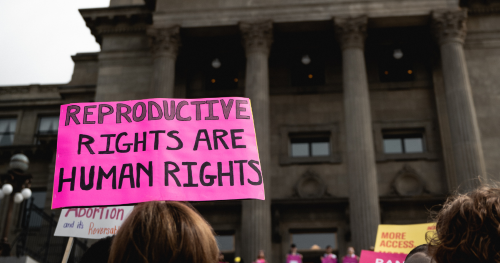 Person holds a sign outside the Idaho capitol that reads "reproductive rights are human rights"