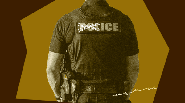 Brown and yellow duotone image of the back of a police officer with "pol" scratched out, so it reads "ICE"