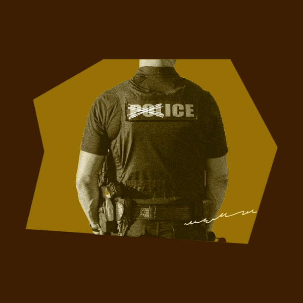 Brown and yellow duotone image of the back of a police officer with "pol" scratched out, so it reads "ICE"