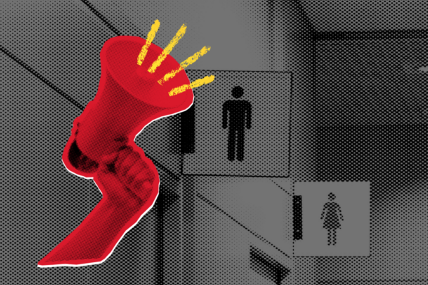 Black and white image of bathroom signs with a hand holding a megaphone urging people to take action