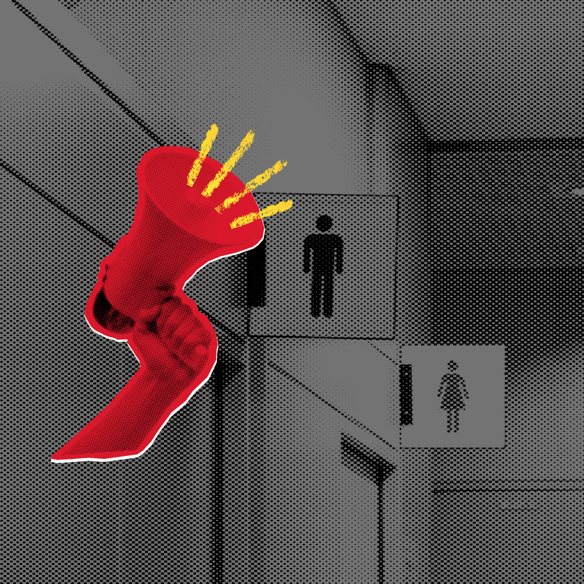 Black and white image of bathroom signs with a hand holding a megaphone urging people to take action
