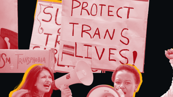 People are yelling in megaphones and signs read "protect trans lives"