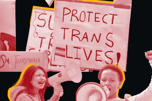 People are yelling in megaphones and signs read "protect trans lives"