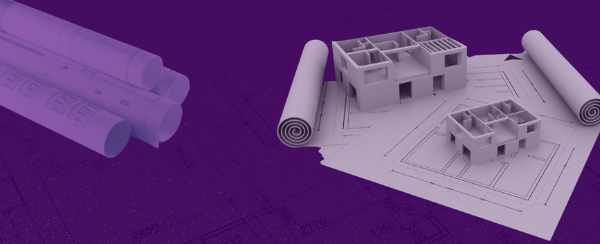 Purple background with architecture and construction plans