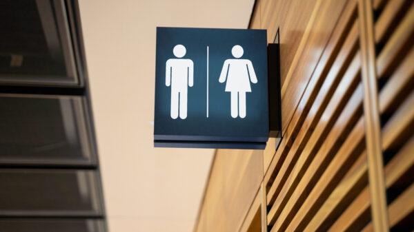A men's/women's public bathroom lit up sign