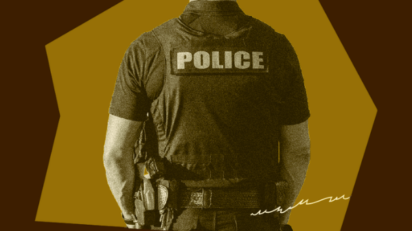 Brown and yellow image of the backside of a police officer