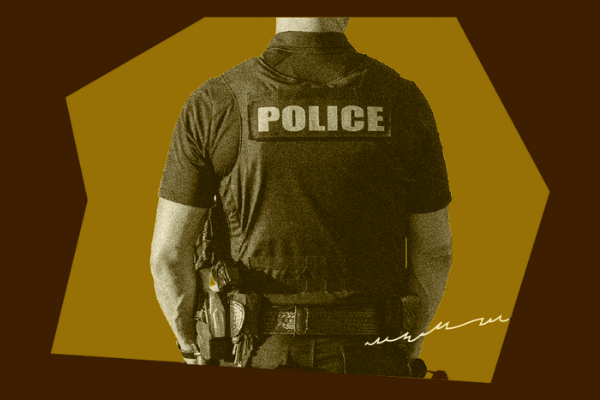 Brown and yellow image of the backside of a police officer