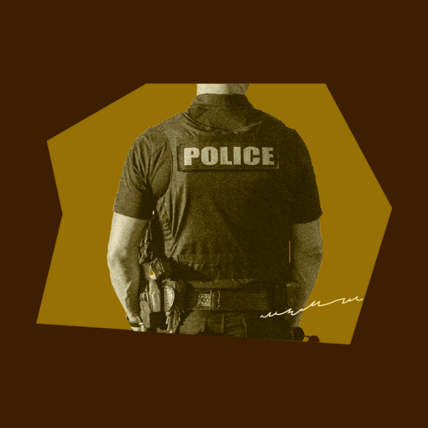 Brown and yellow image of the backside of a police officer