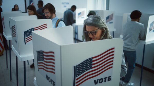 Multiple people of various ages voting in ballot boxes that have an American flag and the word "vote" on them