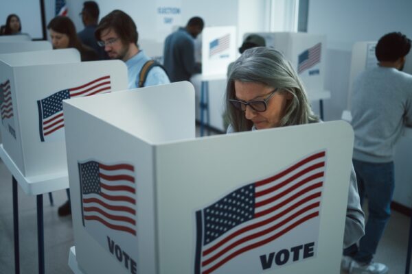 Multiple people of various ages voting in ballot boxes that have an American flag and the word "vote" on them