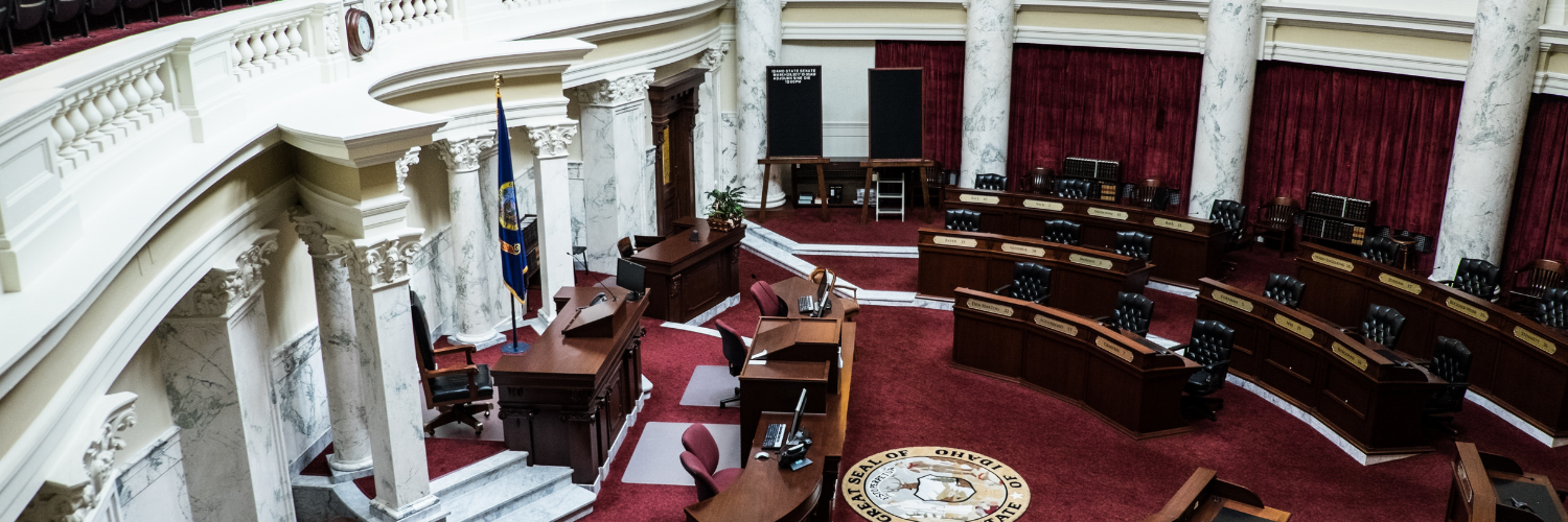 Inside an empty chamber room in the Idaho capitol
