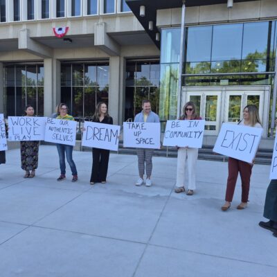 Group of pro-trans activists outside of the federal courthouse holding signs