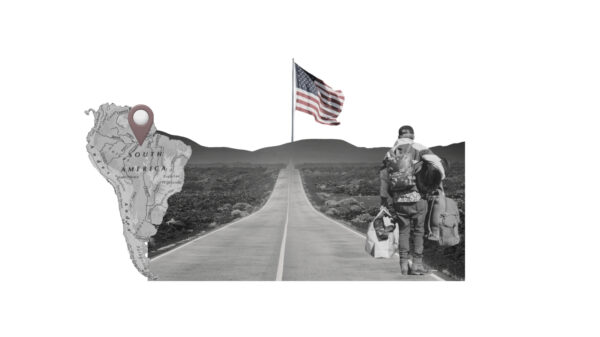 A person carrying bags walks down a road leading to an American flag, with a map of South America on the left marked by a location pin.