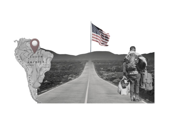 A person carrying bags walks down a road leading to an American flag, with a map of South America on the left marked by a location pin.