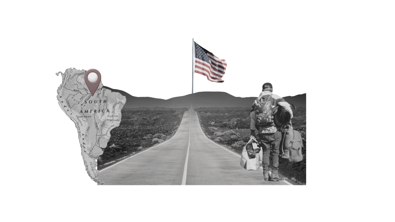 A person carrying bags walks down a road leading to an American flag, with a map of South America on the left marked by a location pin.