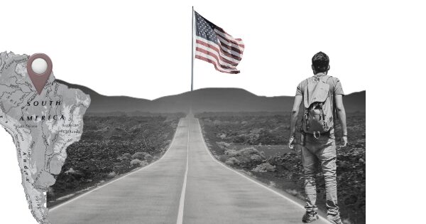 A man on a winding road facing a large American flag on a pole, with a grayscale map of South America featuring a location marker in the left foreground.
