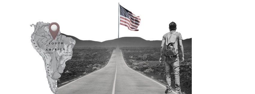 A man on a winding road facing a large American flag on a pole, with a grayscale map of South America featuring a location marker in the left foreground.