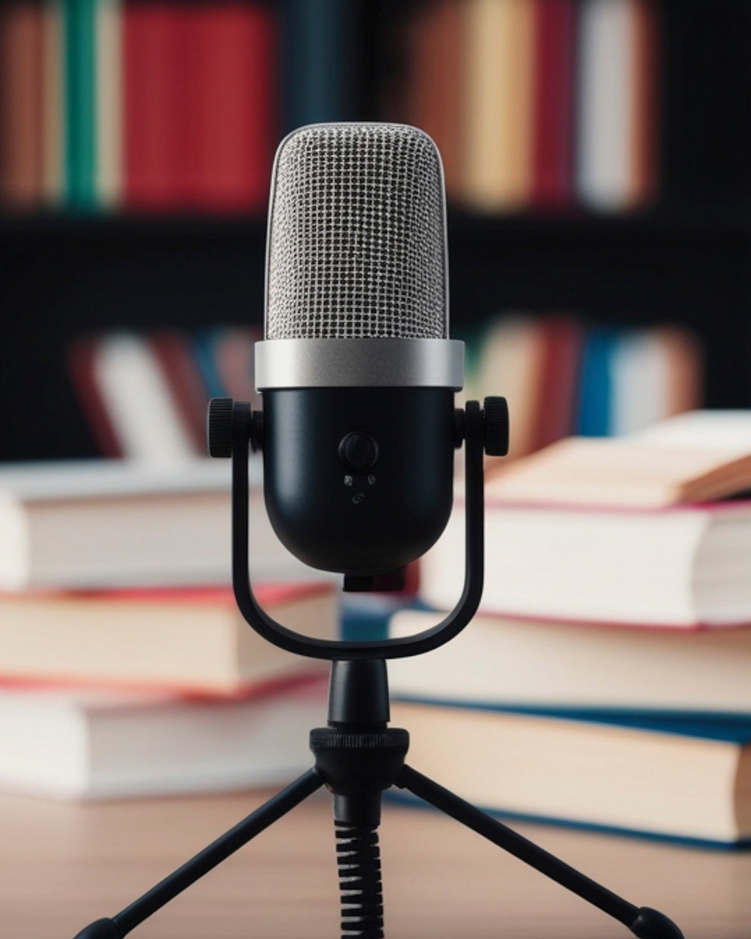 Close-up of a black microphone on a tripod stand, with blurred bookshelves in the background.
