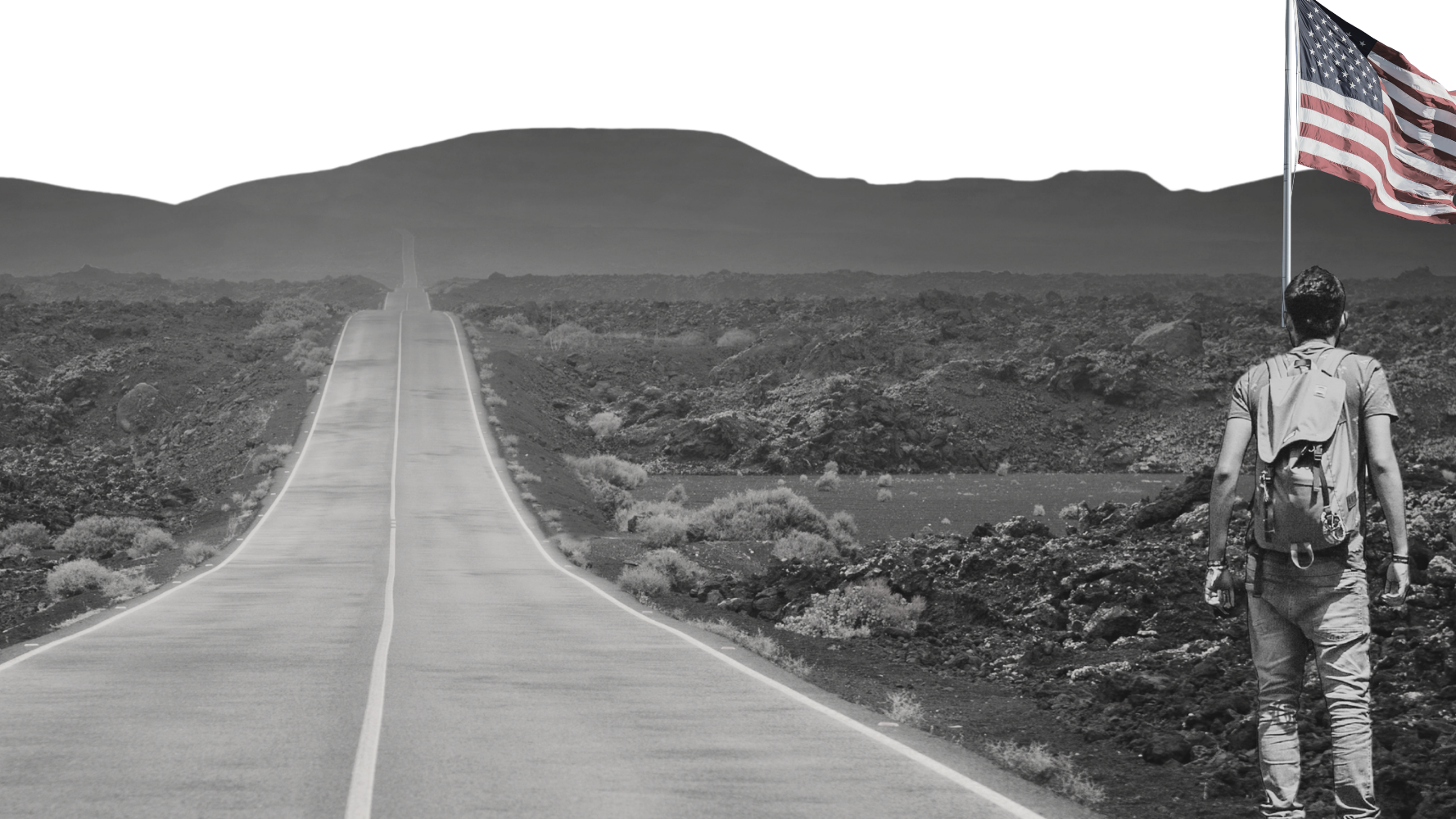 A man on a winding road facing a large American flag on a pole, with a grayscale map of South America featuring a location marker in the left foreground.