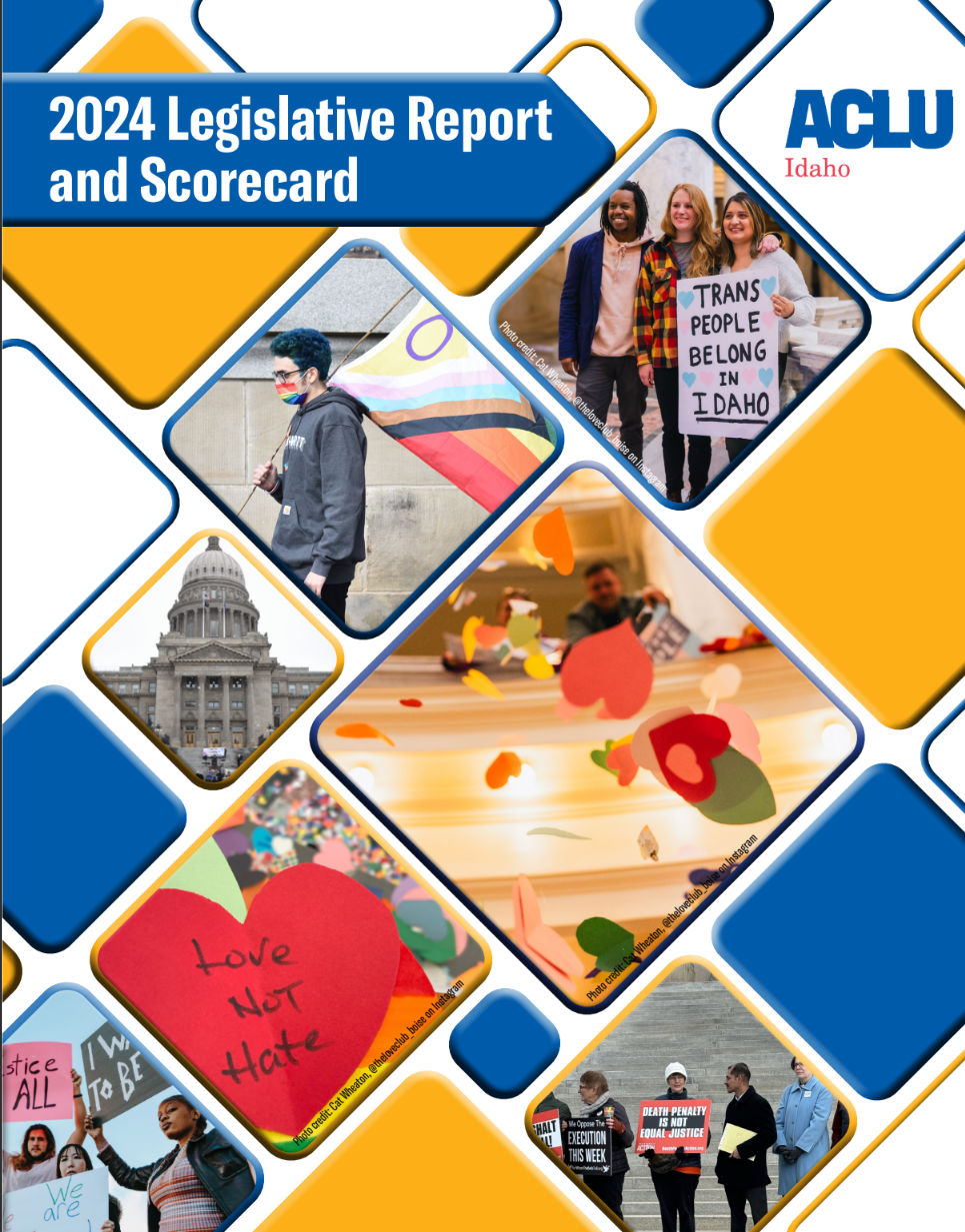 Cover of legislative report with differently shaped diamonds, some depicting images from the 2024 legislative session. The title of the report and the ACLU of Idaho are at the top.