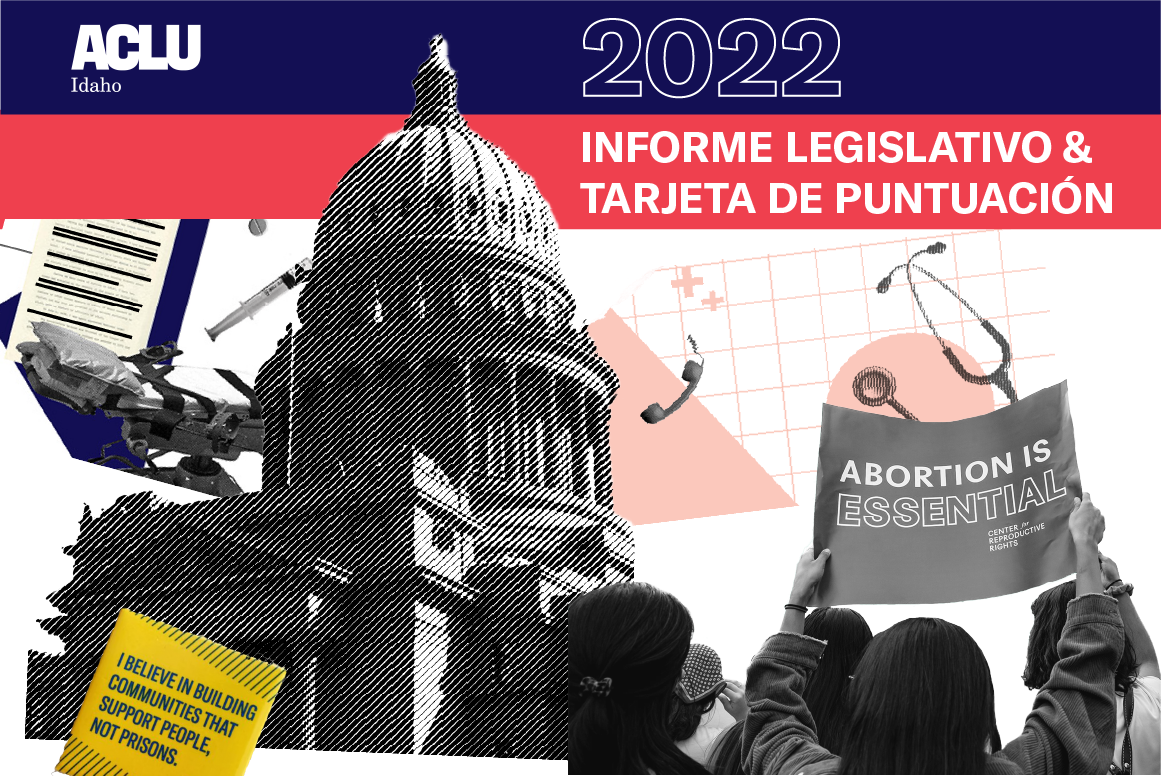 Just left of center there is a black and white image of the Idaho statehouse. In the top left there is an image of a mediacal bed and syringe just above the bed and a piece of paper. A person holds a sign reading "abortion is essential" in bottom right. 