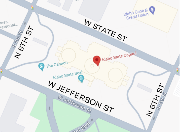 Birds Eye View of the Idaho State Capitol on a Map showing 8th street, state street, jefferson street, and 6th street