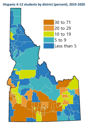 An image of the state of Idaho that is color coded. The different colors correspond to percentage ranges listed to the right of Idaho. A the top is "Hispanic K-12 Students buy District" 