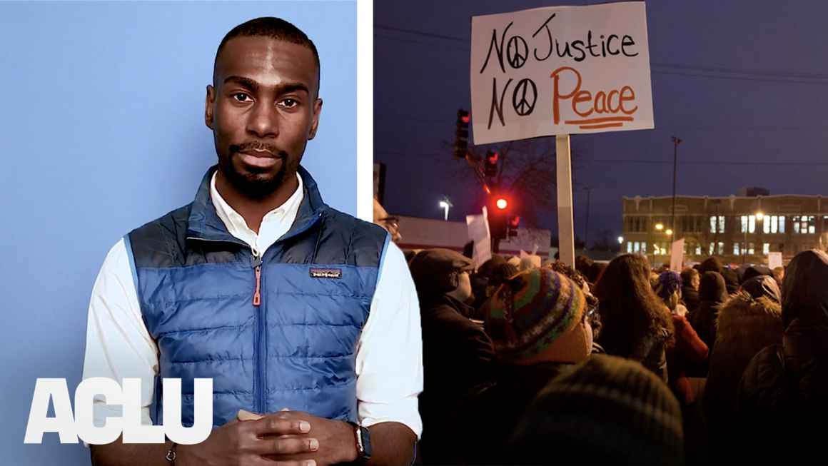 DeRay Mckesson, an adult black man, looks seriously at the camera next to a photo of a protest in which a sign with No Justice No Peace is prominently displayed.