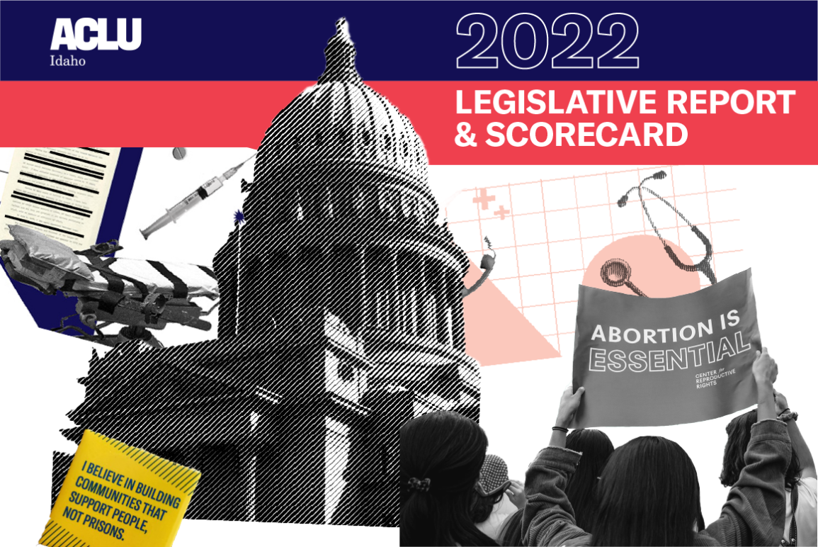 Just left of center there is a black and white image of the Idaho statehouse. In the top left there is an image of a mediacal bed and syringe just above the bed and a piece of paper. A person holds a sign reading "abortion is essential" in bottom right. 