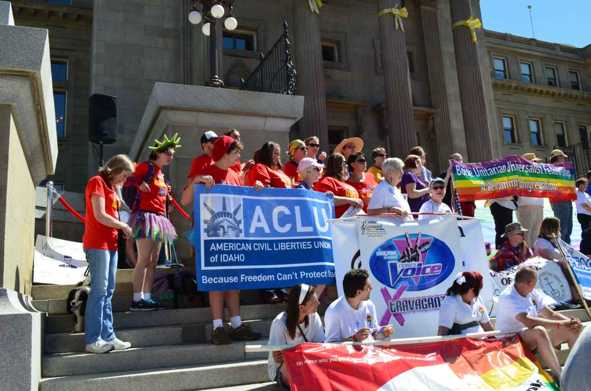 Lots of people on the capitol steps at the Pride rally 