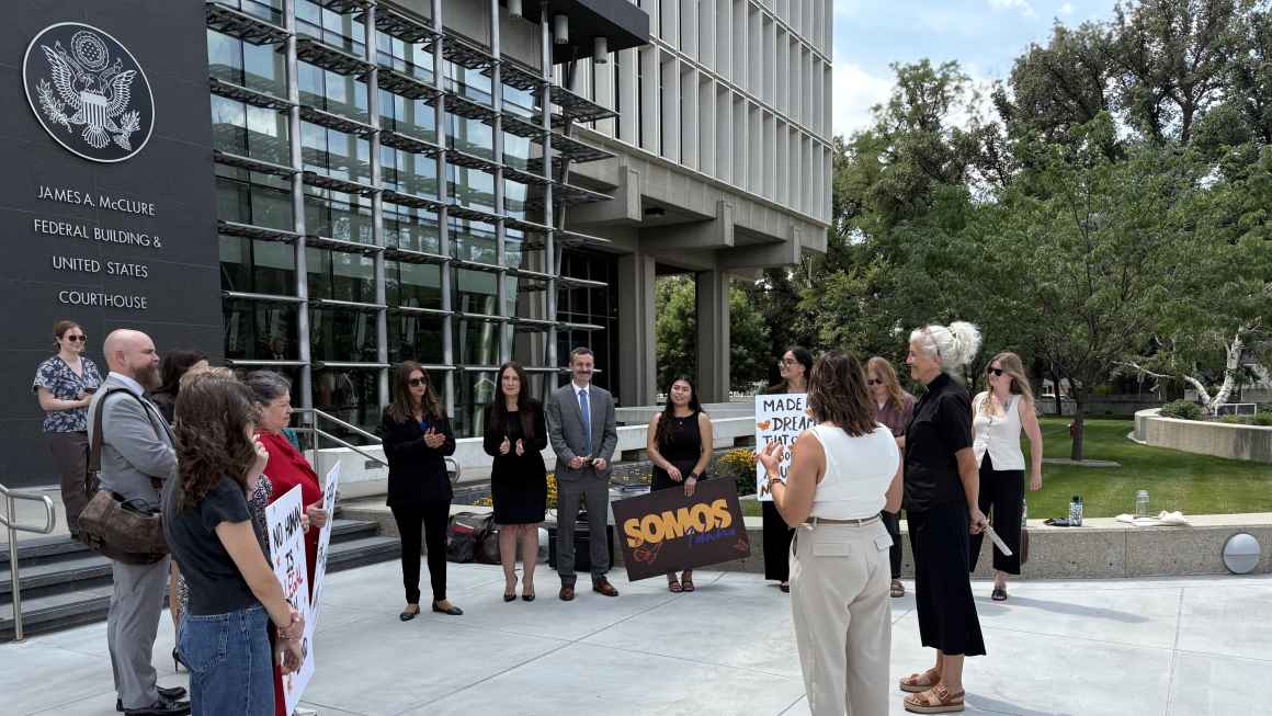 Advocates and lawyers gather outside the Idaho Federal Courthouse in solidarity with immigrants ahead of lawsuit hearing