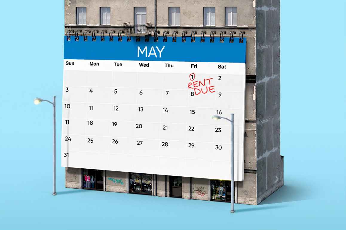 Illustration with a huge calendar on a building showing "RENT DUE" on May 1