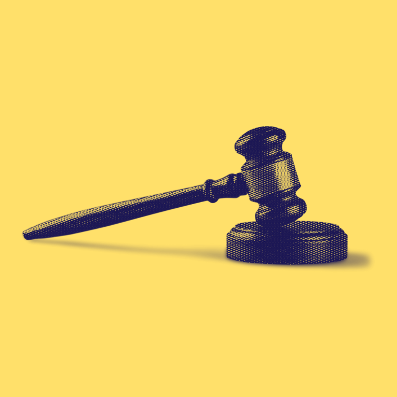 Yellow background with a graphic of a dark blue gavel.
