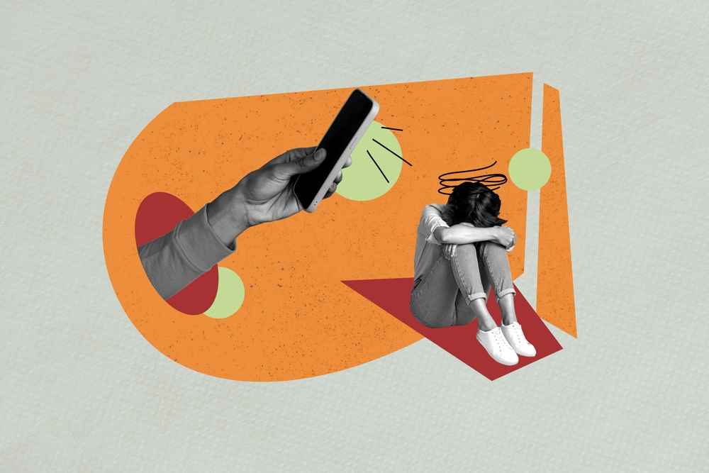 a graphic with orange, red, and light green shapes int he background. includes black and white images of an upset child and someone holding a phone, depicting cyberbullying.