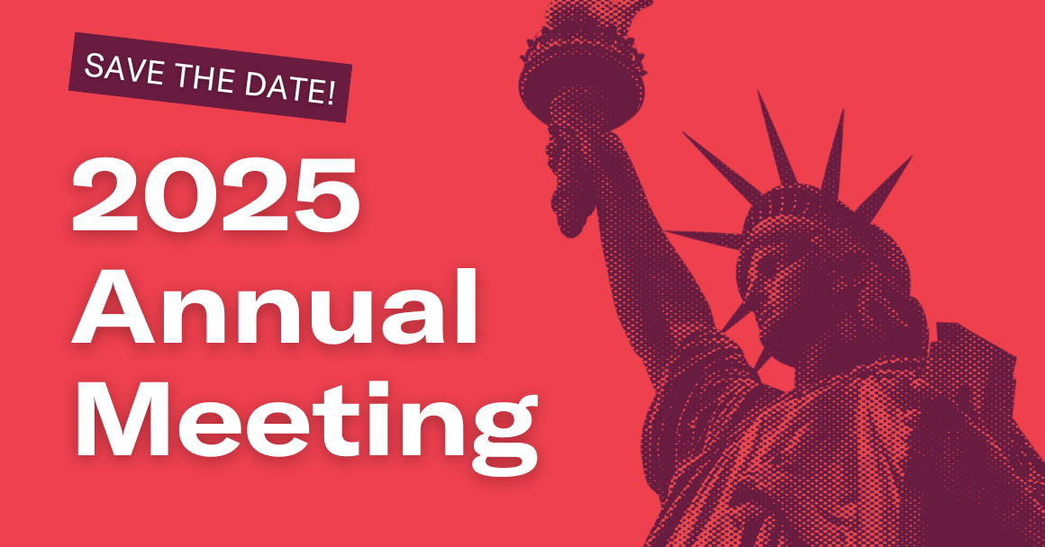 Pink and purple graphic with an image of lady liberty and text that reads "save the date! 2024 membership meeting, February 12, 2025, 6-7:30 pm Mountain Time, The Linen Building