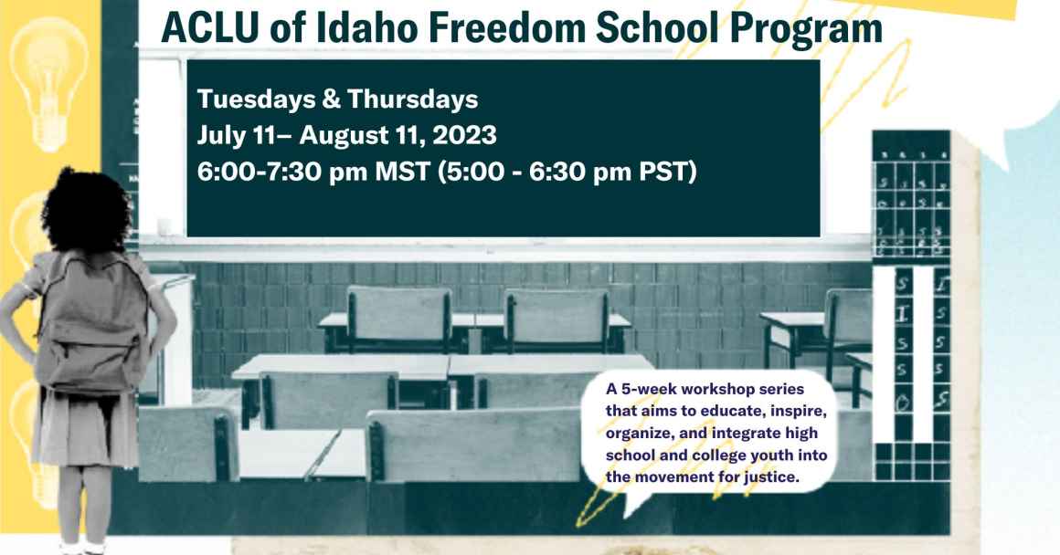 a picture of an empty classroom with desk and chairs facing a chalkboard with date and time for the Freedom School program. A school girl with a backpack is to the left. In the bottom left is a speech bubble with more information about the program.
