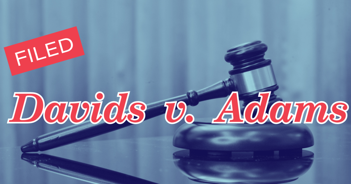 Bold red text reads "filed: Davids v. Adams" with a blue image of a gavel in the background.