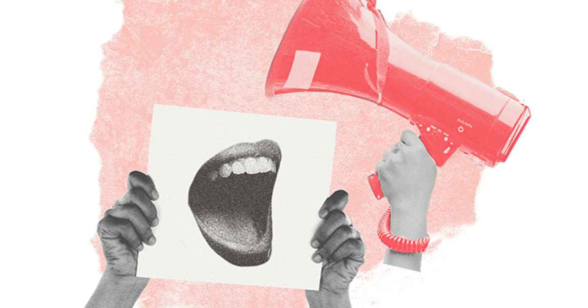 A rectangle holds a collage image. At the bottom there is a pair of hands holding up a piece of paper with an open mouth on it. To the right is a hand holding a blowhorn in red. 