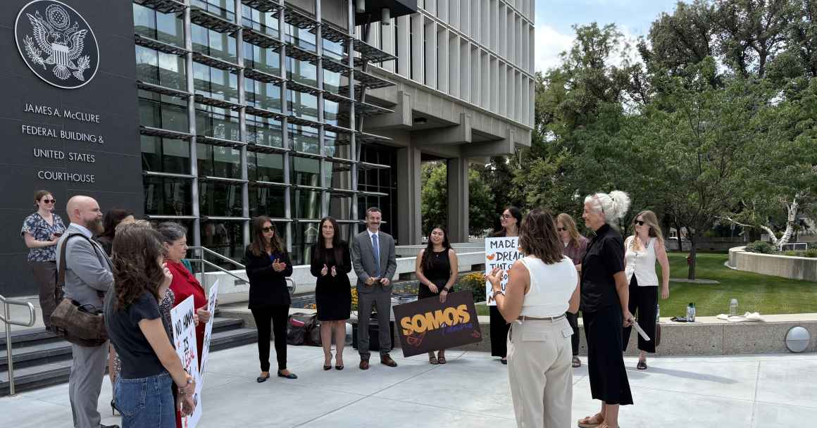Advocates and lawyers gather outside the Idaho Federal Courthouse in solidarity with immigrants ahead of lawsuit hearing