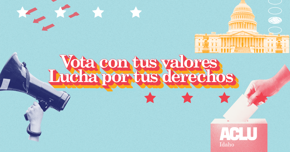 A blue Background holds the words "vota con tu valores, lucha por tus derechos” centered. Encircling the words are images of a hand with a blowhorn, a hand putting a ballot into a ballot box and a hand holding a mail-in ballot. 