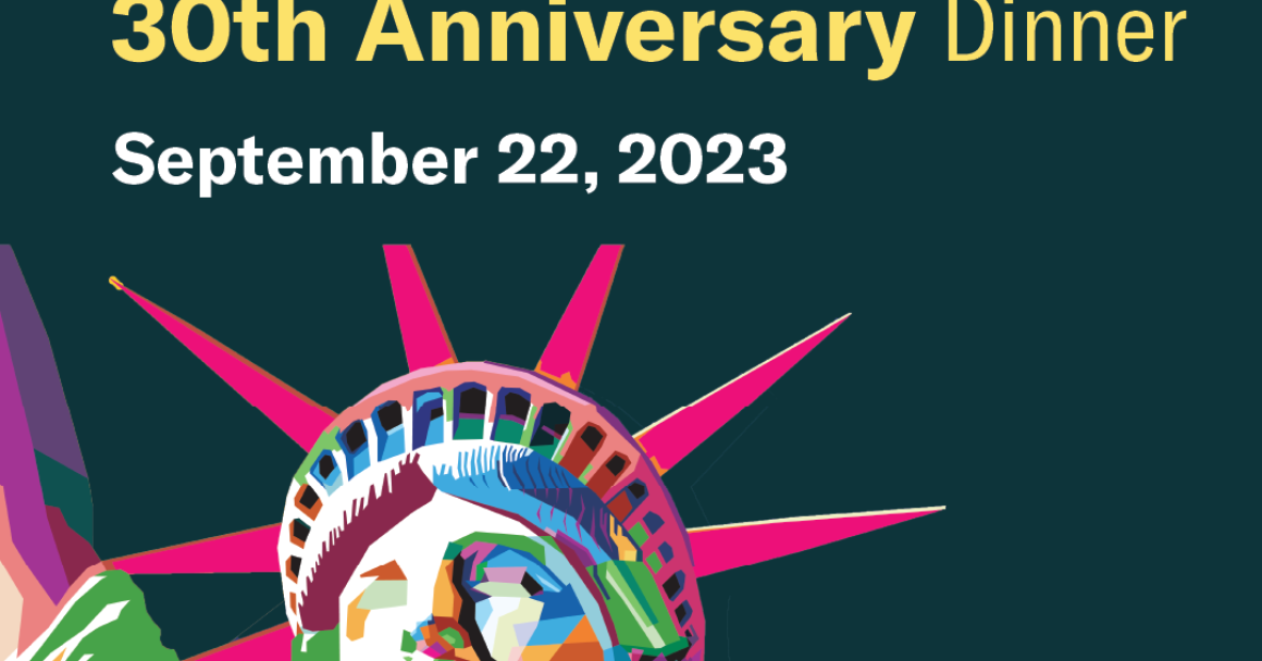 A green rectangle hold the words "ACLU Idaho 30th Anniversary Dinner" in yellow letters. Below is the ACLU Idaho logo in white with a red box next to it holding "30 years" to the right is a colorful picture of the Statue of Liberty from the neck up.