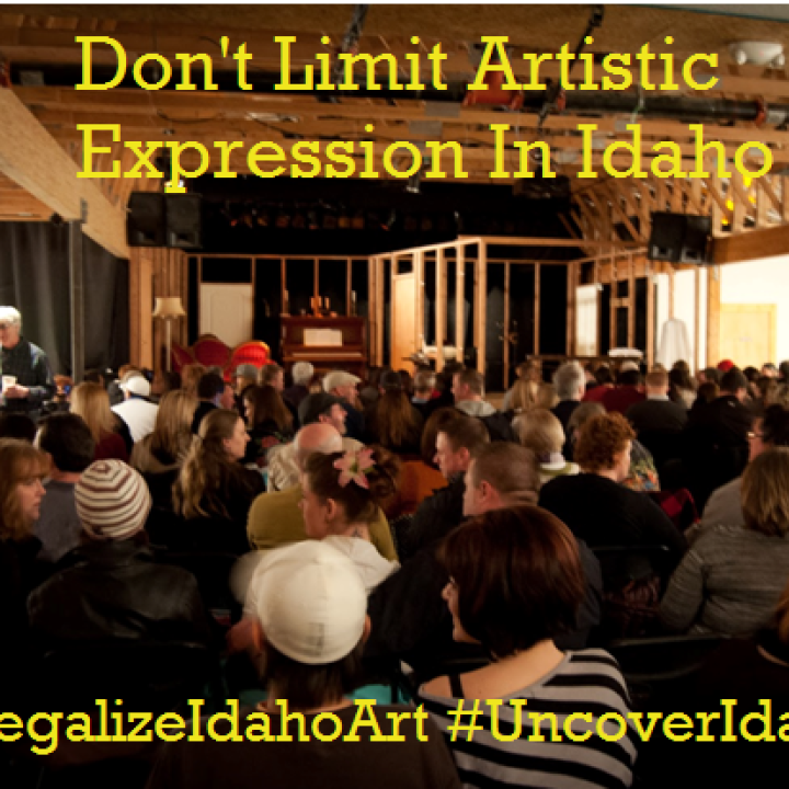 image of people sitting waiting a performance with words "don't limit artistic expression in Idaho" "#legalizeidahoart" "#uncoveridahoart"